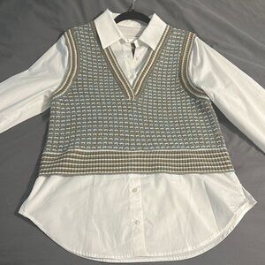 Veronica Beard White and Blue Button Down Blouse